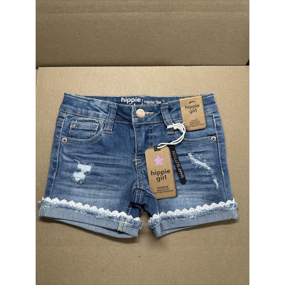 Hippie Girl NWT Girls Size 4 Shortie Reg-Rise Stretch Lace Trim Denim Shorts